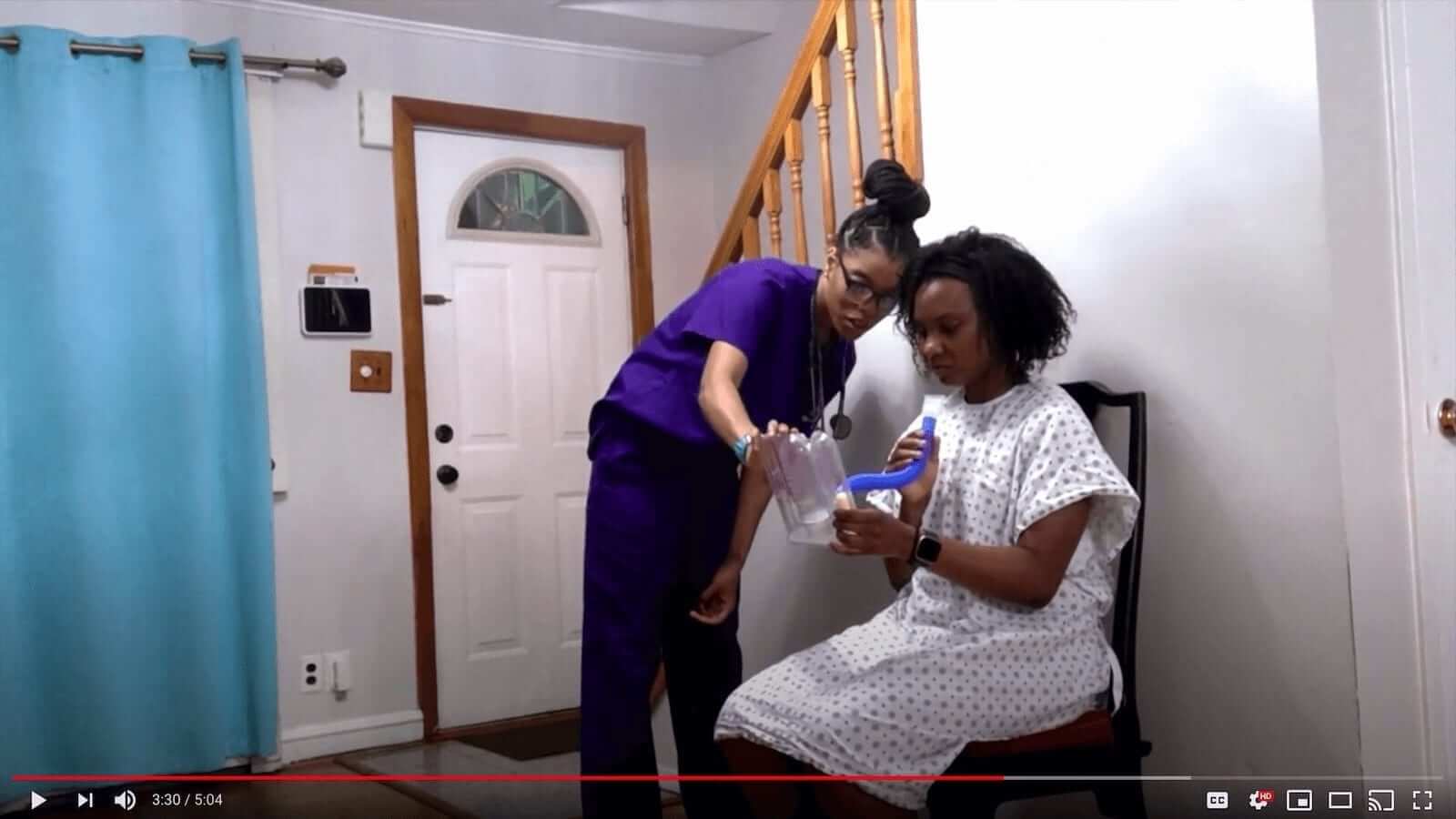 Frame from a patient-teaching video: A patient receiving instruction on the use of a medical device Frame from a patient-teaching video: A patient receiving instruction on the use of a medical device